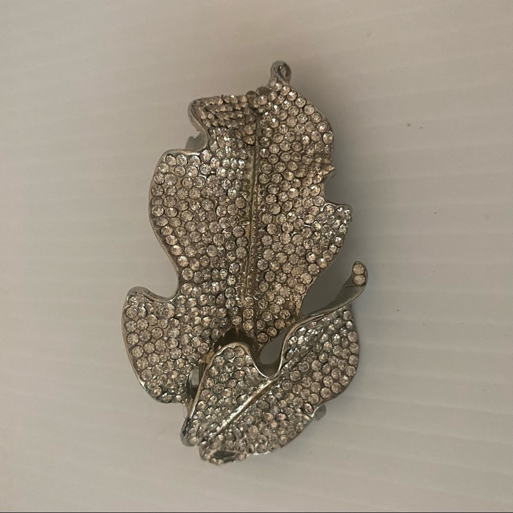 Silver Beaded Barrette Two Leaves